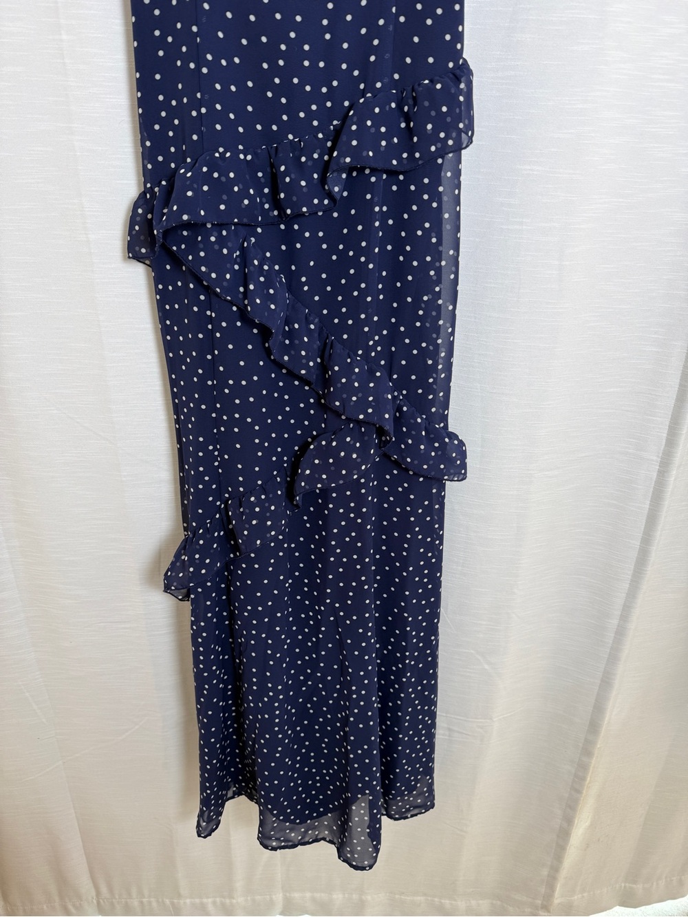 BP Navy Polka Dot Asymmetric Ruffle Tiered Maxi Dress | Size M - Picture 12 of 17